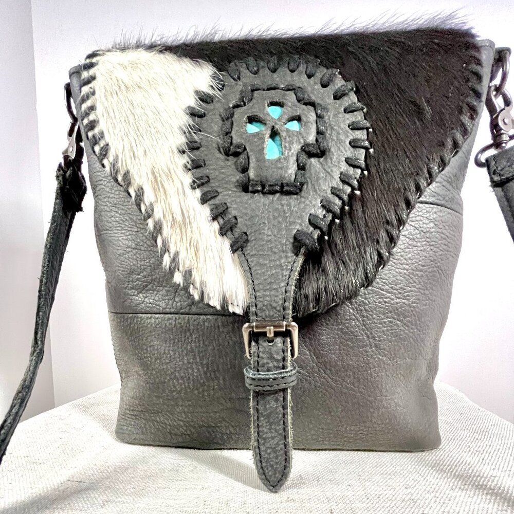 Black Western Genuine Leather Fur Crossbody Bag with Turquoise Medallion